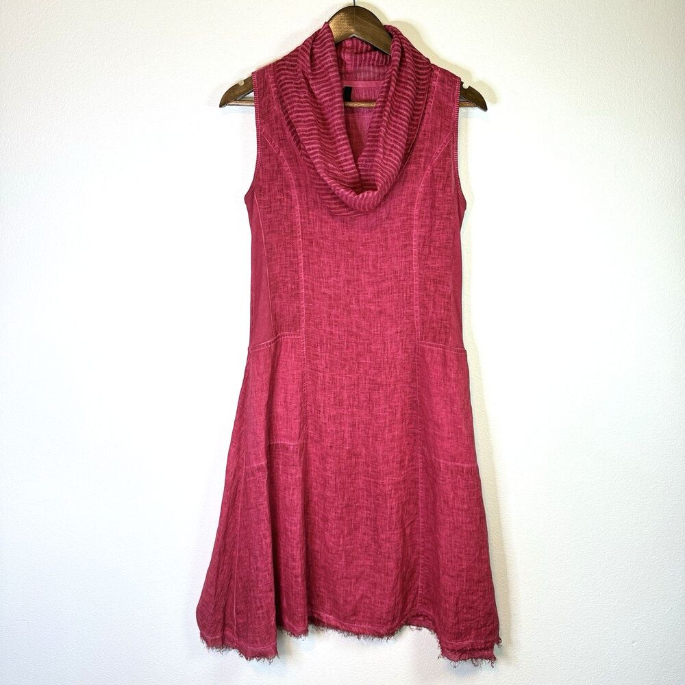 Inizio Italy Dress S Pink Linen Lagenlook Pockets Textured Cowl Neck Artsy Midi